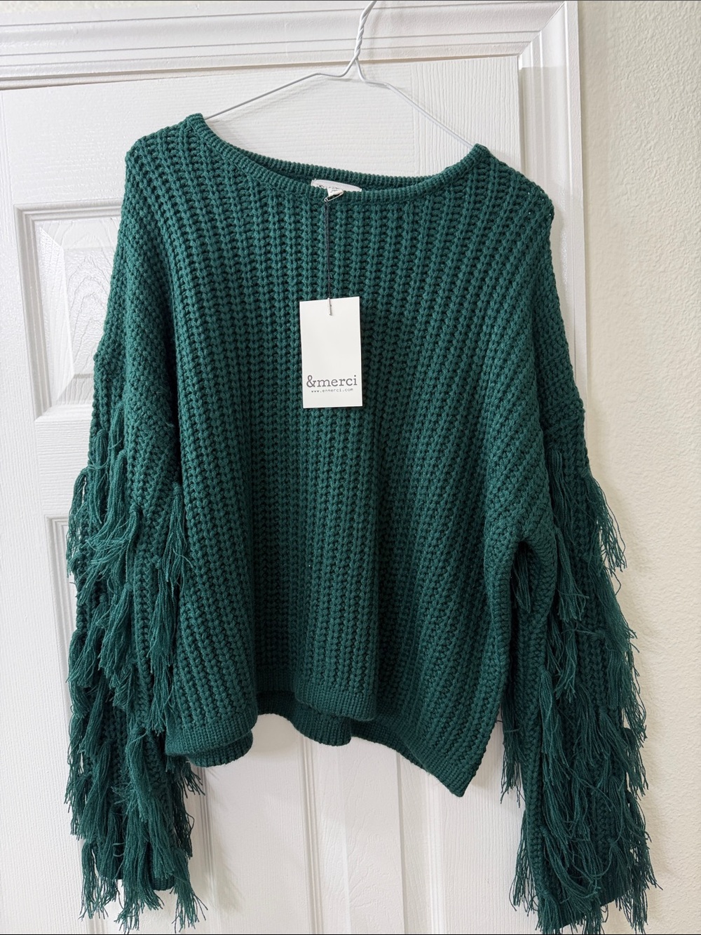 Green Fringe Sleeve Waffle-Knit Sweater